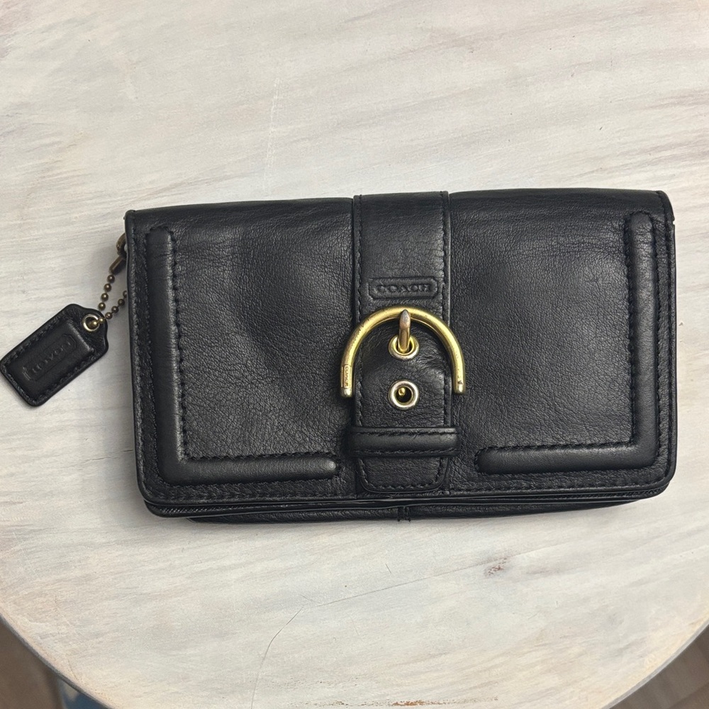 Coach Black Leather Wallet with Gold Buckle Accent